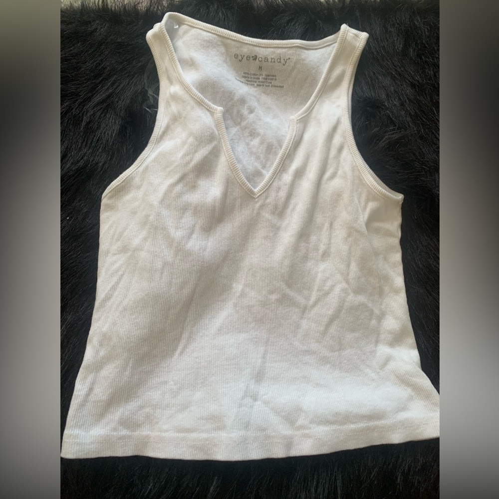 EUC white Eye Candy cropped tank with vee neck, Size M